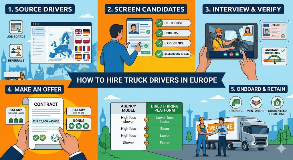 A 5-step infographic guide on how to hire truck drivers in Europe, comparing recruitment agency models versus direct hiring platforms.