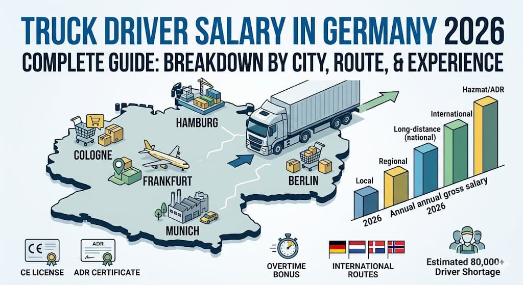 Infographic breakdown of 2026 truck driver salaries in Germany by city, route, and experience.