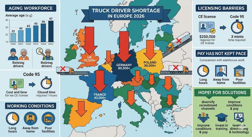 Map of Europe showing the truck driver shortage by country in 2026, featuring aging workforce statistics and factors affecting driver retention.